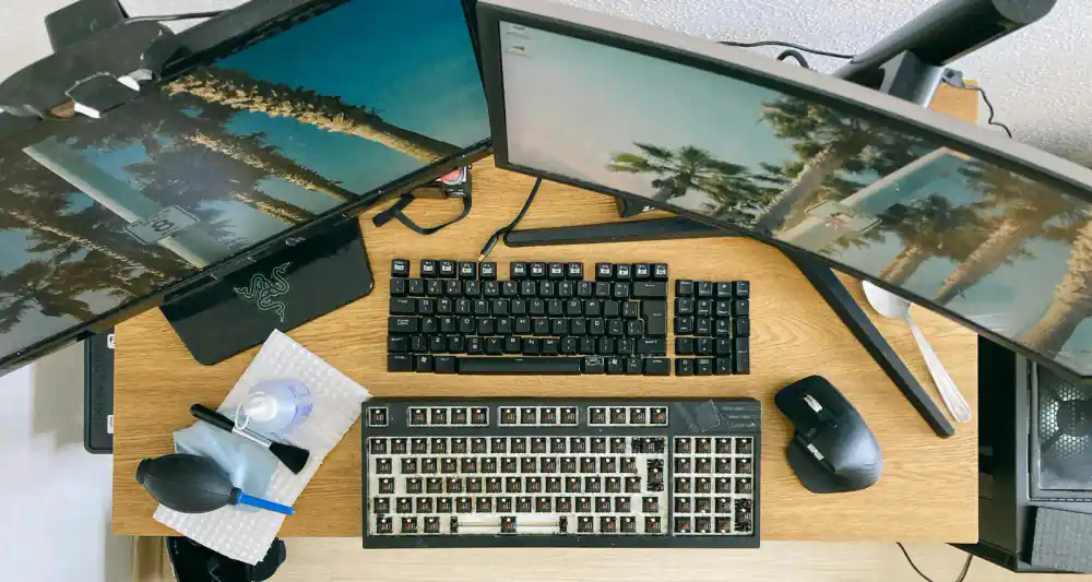 DeskRise dual monitor arm attachment